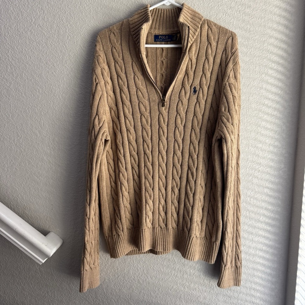 Polo Ralph Lauren Sweater Men's Large Cable Knit Quarter Zip Tan Cotton Pony